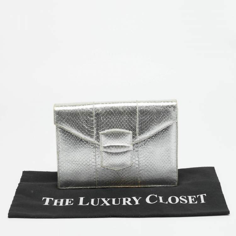 Pre Owned Oscar de la Renta Silver Snakeskin Embossed Leather Flap Clutch