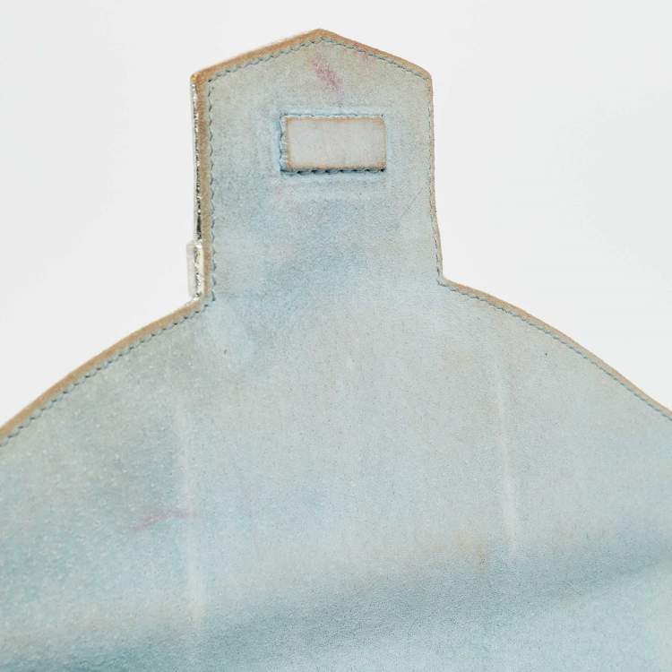 Pre Owned Oscar de la Renta Silver Snakeskin Embossed Leather Flap Clutch