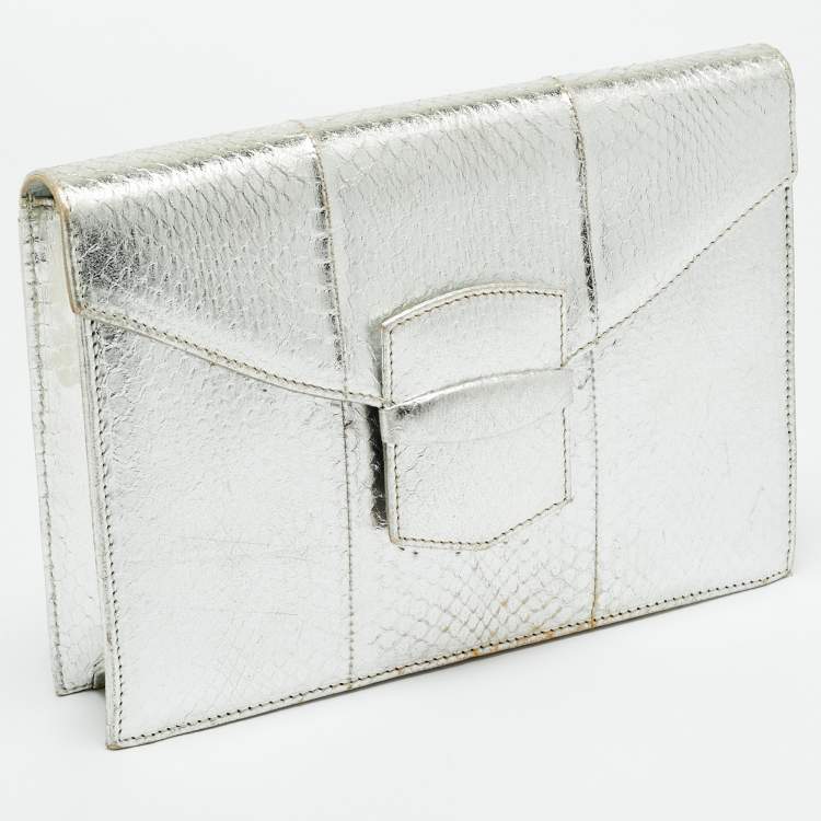 Pre Owned Oscar de la Renta Silver Snakeskin Embossed Leather Flap Clutch