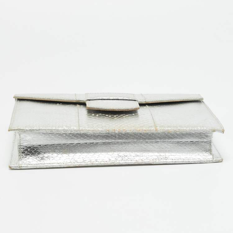 Pre Owned Oscar de la Renta Silver Snakeskin Embossed Leather Flap Clutch