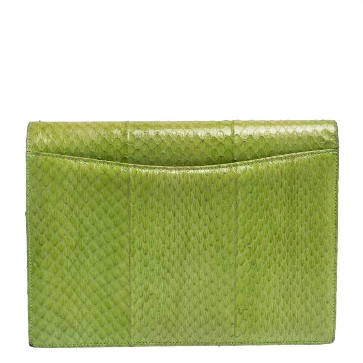 Pre Owned Oscar De La Renta Lime Green Python Clutch