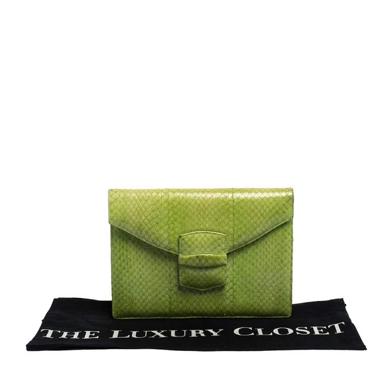 Pre Owned Oscar De La Renta Lime Green Python Clutch