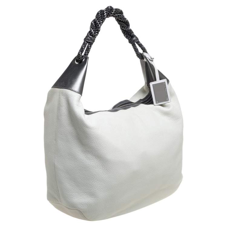 Pre Owned Oscar de la Renta Off White Leather Zipped Hobo