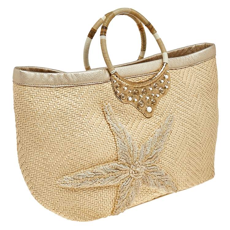 Pre Owned Oscar de la Renta Beige Woven Raffia Starfish Embellished Tote 