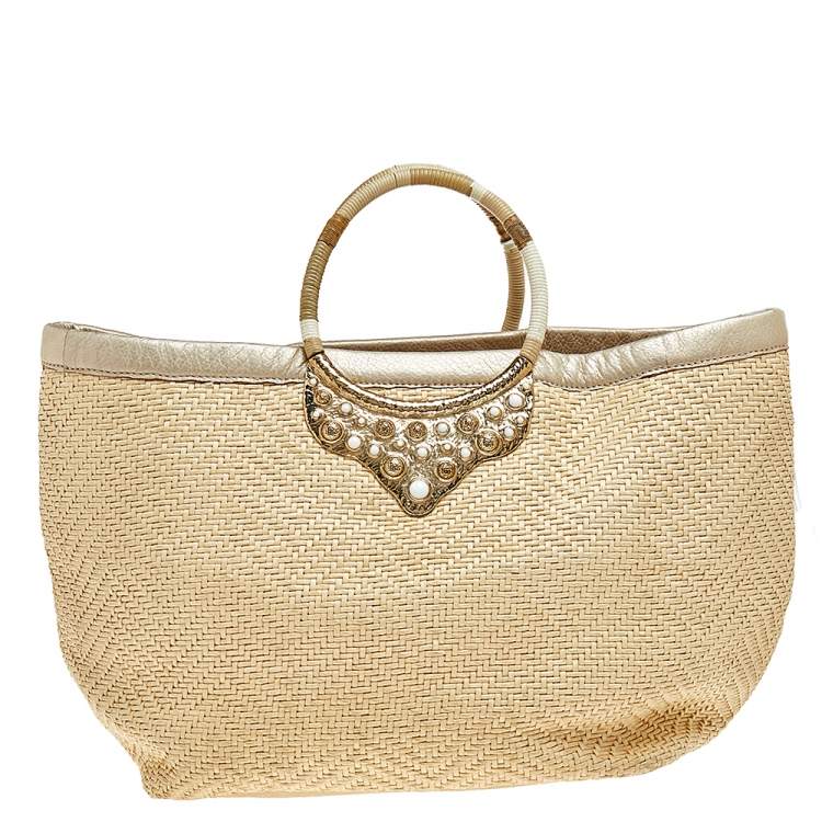 Pre Owned Oscar de la Renta Beige Woven Raffia Starfish Embellished Tote 