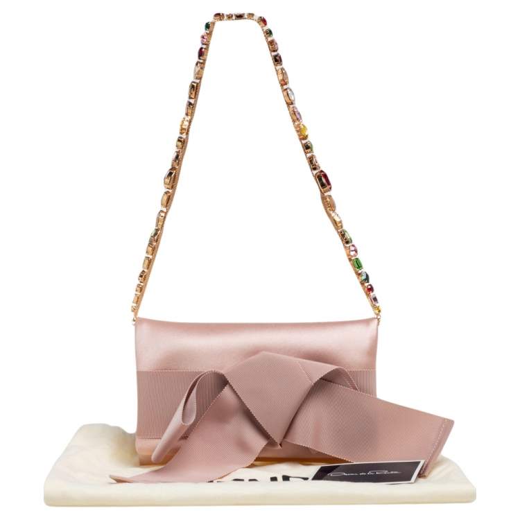 Pre Owned Oscar de la Renta Beige Satin Bow Flap Crystal Embellished Strap Clutch 