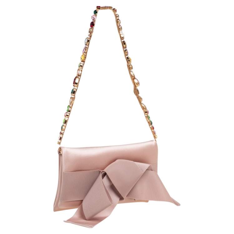 Pre Owned Oscar de la Renta Beige Satin Bow Flap Crystal Embellished Strap Clutch 