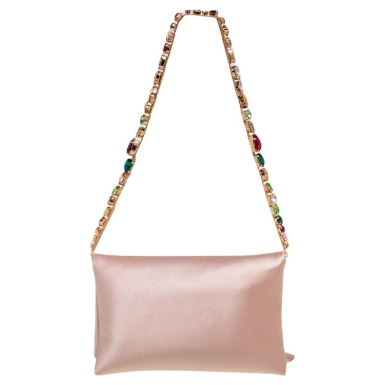 Pre Owned Oscar de la Renta Beige Satin Bow Flap Crystal Embellished Strap Clutch 