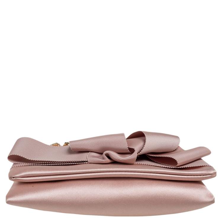 Pre Owned Oscar de la Renta Beige Satin Bow Flap Crystal Embellished Strap Clutch 