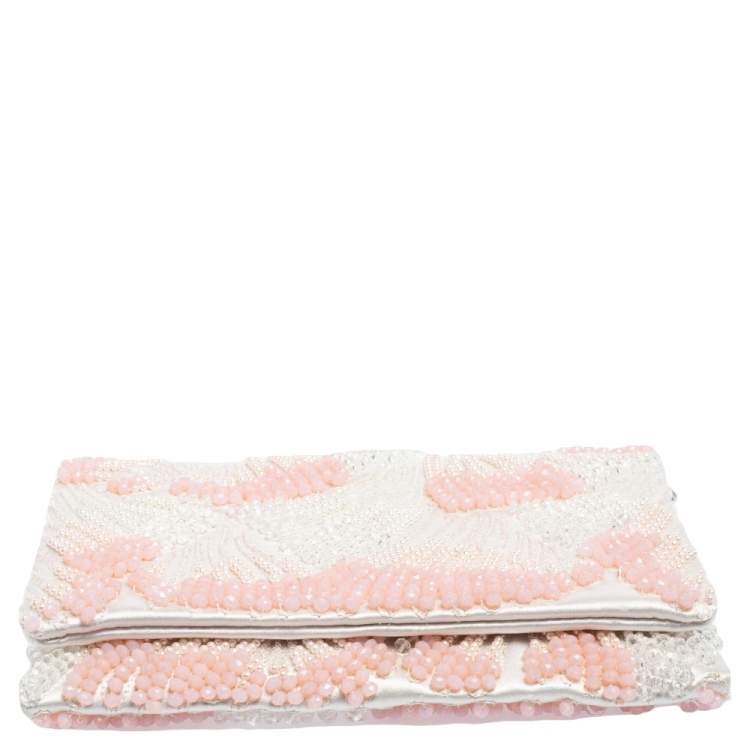 Pre Owned Oscar de la Renta White Satin Beaded Clutch