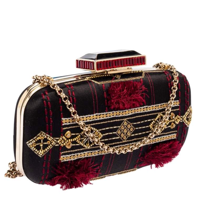 Pre Owned Oscar de la Renta Black Satin Sequin Embellished Chain Clutch