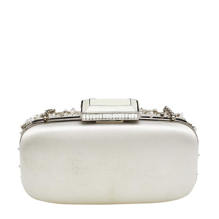 Pre Owned Oscar de la Renta White Satin Embellished Crown Goa Clutch