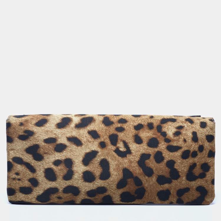 Pre Owned Oscar de la Renta Brown/Black Satin Leopard Print Bow Clutch 