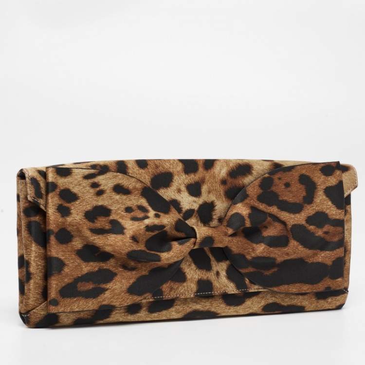 Pre Owned Oscar de la Renta Brown/Black Satin Leopard Print Bow Clutch 