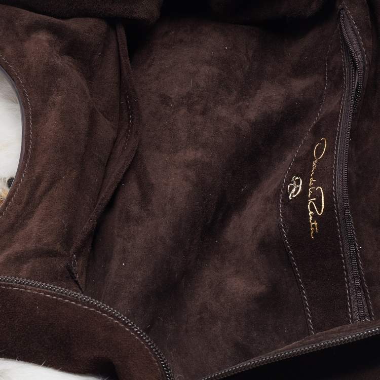 Pre Owned Oscar de la Renta White/Brown Fur And Suede Embellished Satchel