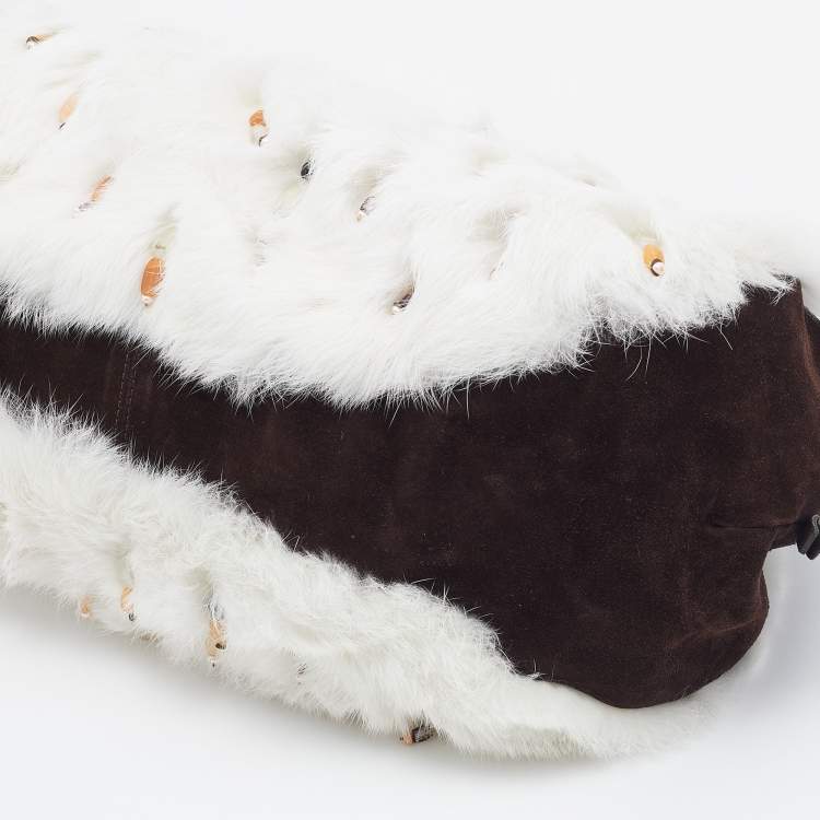Pre Owned Oscar de la Renta White/Brown Fur And Suede Embellished Satchel