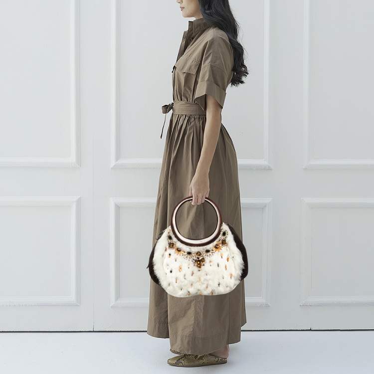 Pre Owned Oscar de la Renta White/Brown Fur And Suede Embellished Satchel