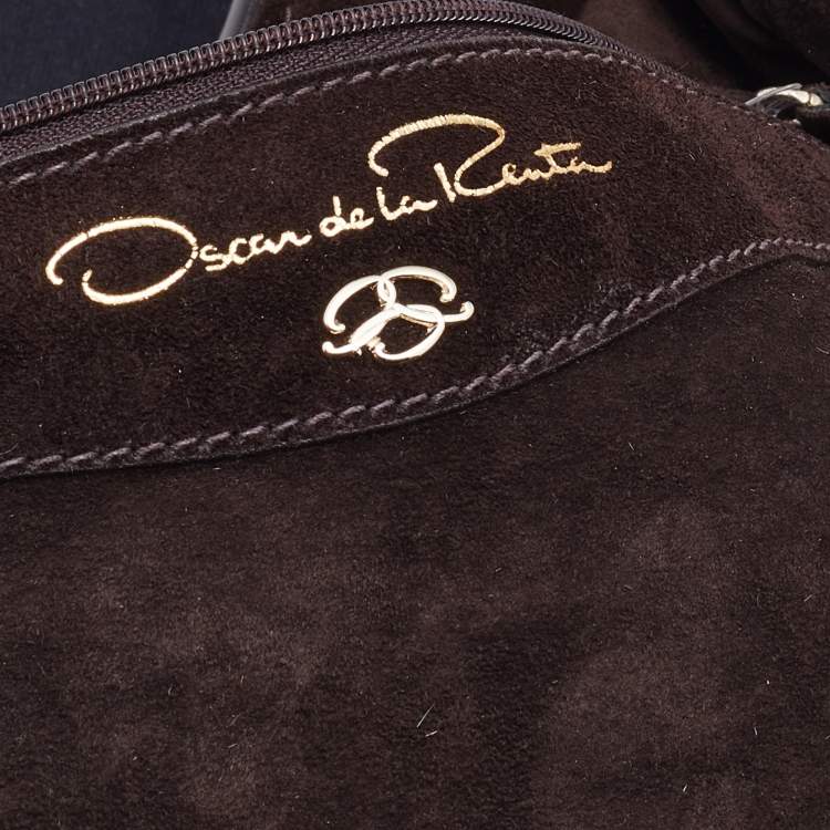 Pre Owned Oscar de la Renta White/Brown Fur And Suede Embellished Satchel
