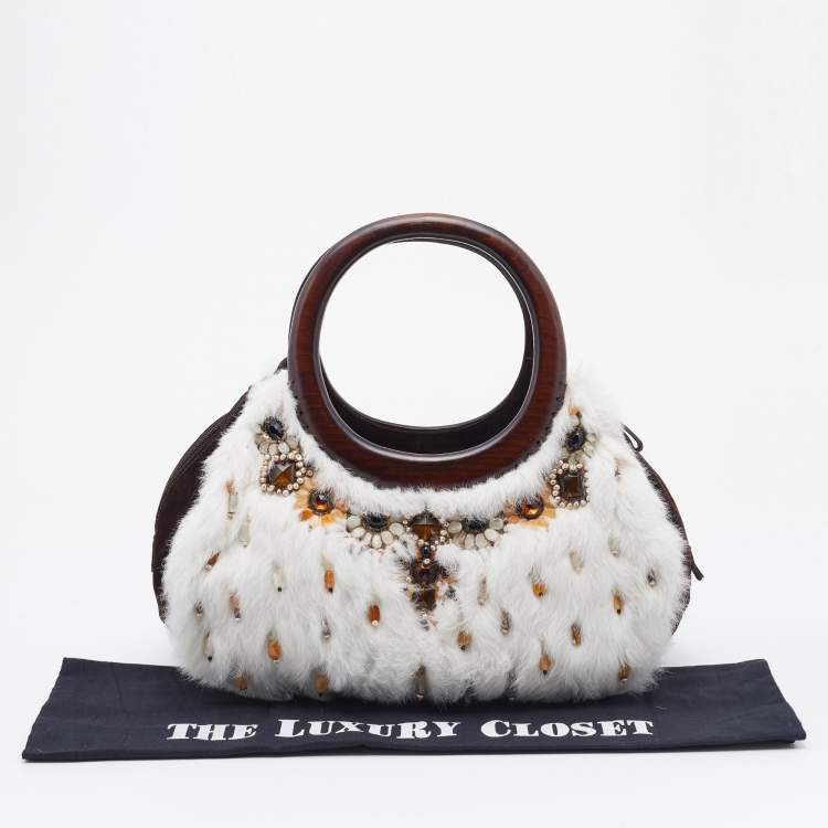 Pre Owned Oscar de la Renta White/Brown Fur And Suede Embellished Satchel