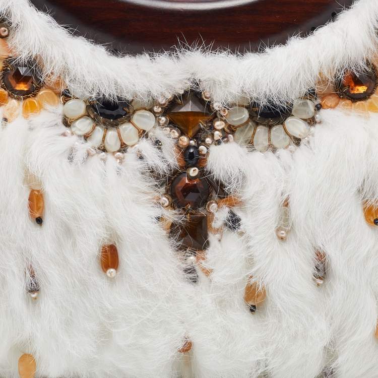 Pre Owned Oscar de la Renta White/Brown Fur And Suede Embellished Satchel