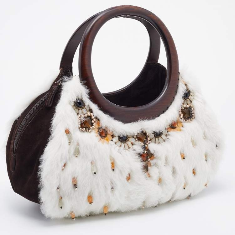 Pre Owned Oscar de la Renta White/Brown Fur And Suede Embellished Satchel