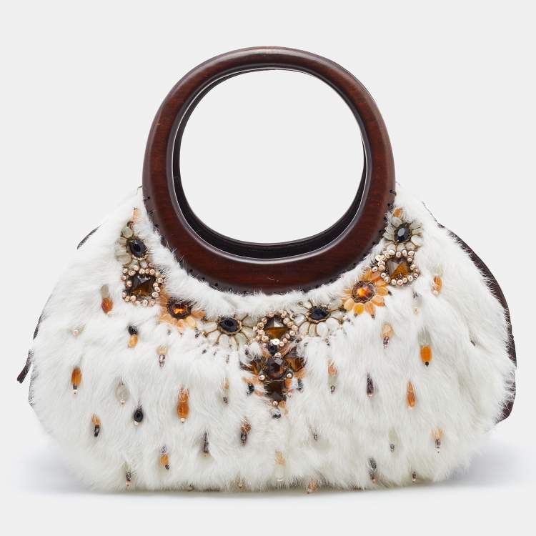 Pre Owned Oscar de la Renta White/Brown Fur And Suede Embellished Satchel