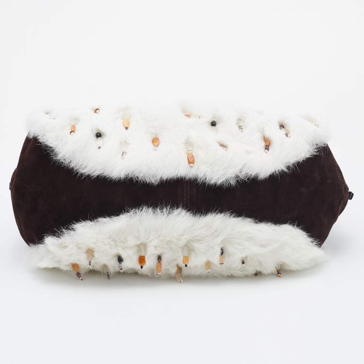 Pre Owned Oscar de la Renta White/Brown Fur And Suede Embellished Satchel