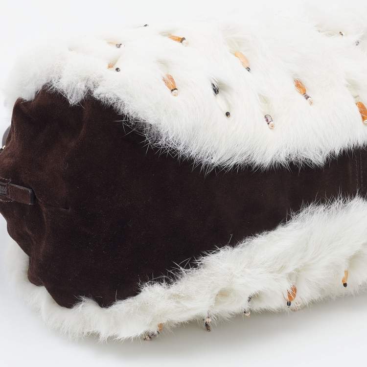 Pre Owned Oscar de la Renta White/Brown Fur And Suede Embellished Satchel