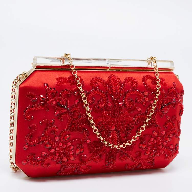Pre Owned Oscar de la Renta Red Satin Saya Beads Embellished Chain Clutch