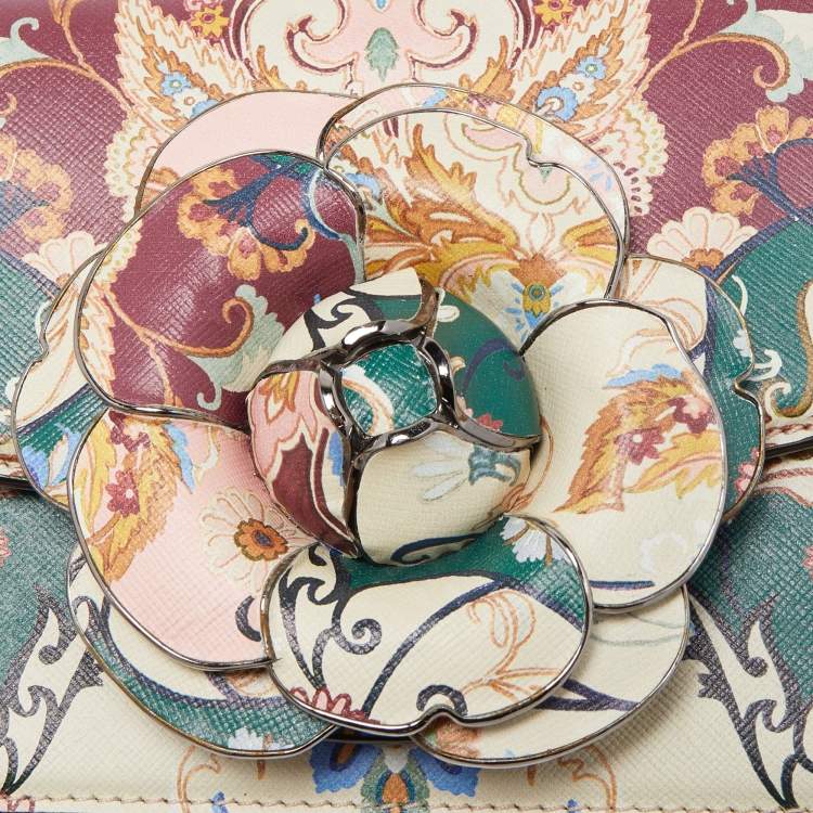 Pre Owned Oscar de La Renta Multicolor Floral Print Leather Tro Flap Shoulder Bag