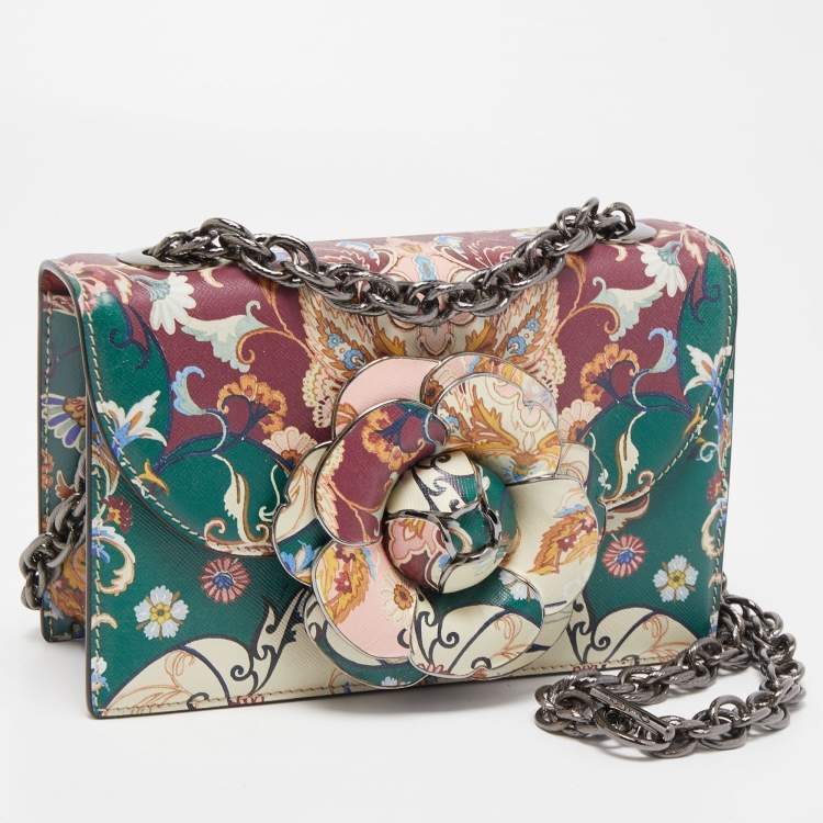 Pre Owned Oscar de La Renta Multicolor Floral Print Leather Tro Flap Shoulder Bag