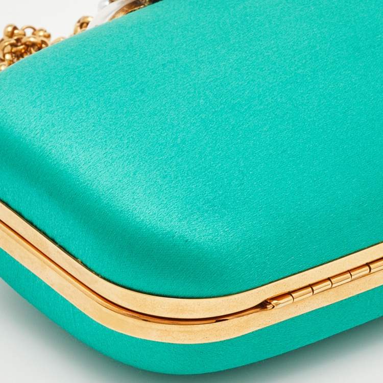 Pre Owned Oscar de la Renta Satin Metal Frame Crystal Embellished Clutch