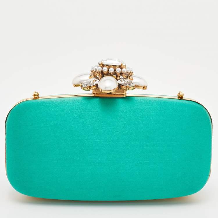 Pre Owned Oscar de la Renta Satin Metal Frame Crystal Embellished Clutch