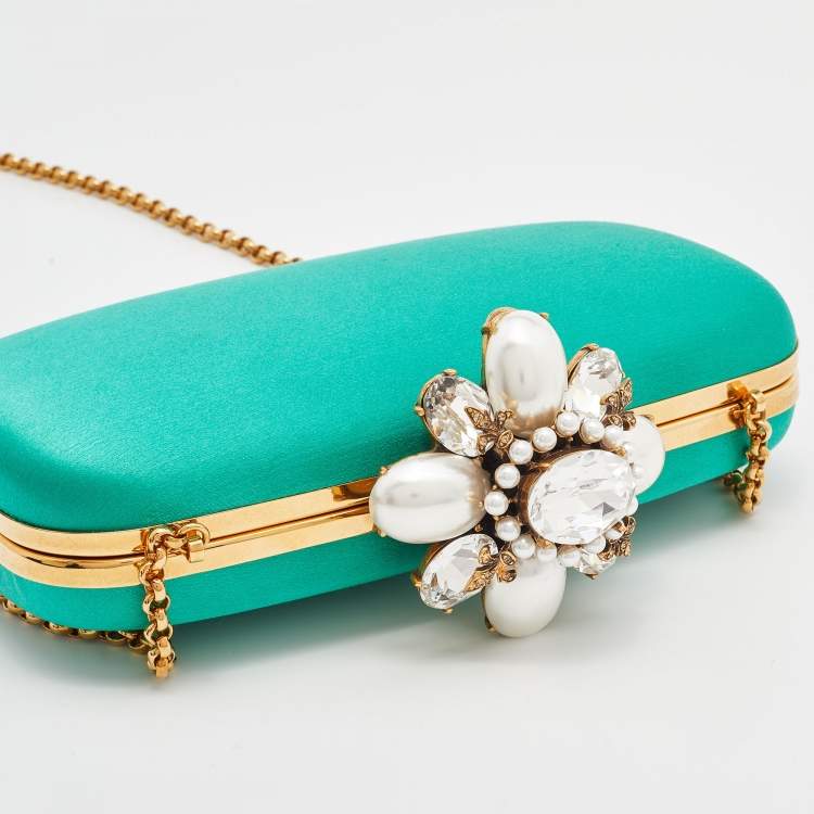 Pre Owned Oscar de la Renta Satin Metal Frame Crystal Embellished Clutch