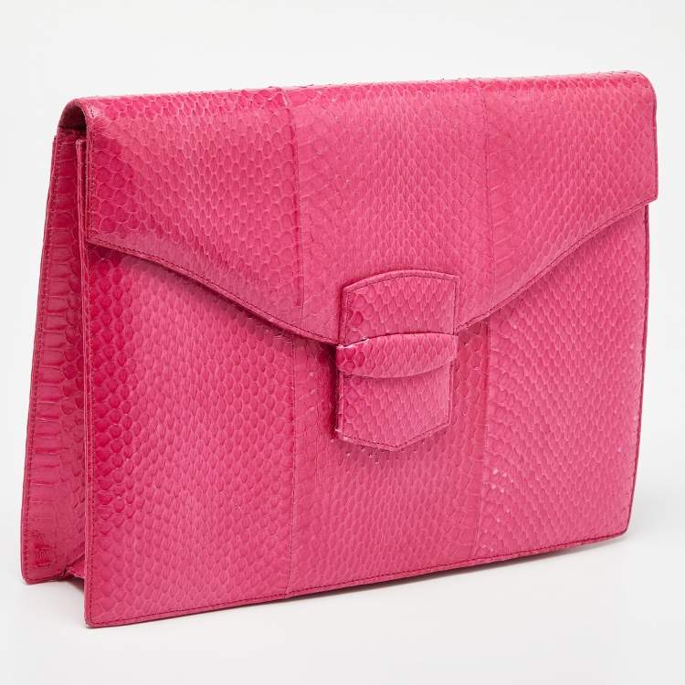Pre Owned Oscar de la Renta Pink Watersnake Leather Small Grafton Clutch