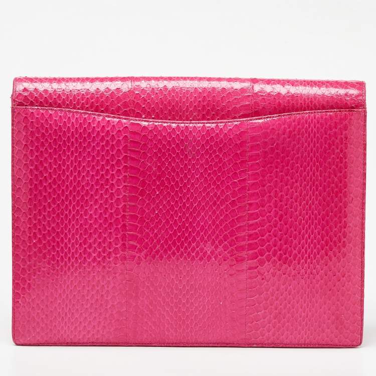 Pre Owned Oscar de la Renta Pink Watersnake Leather Small Grafton Clutch