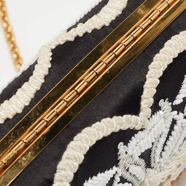 Pre Owned Oscar de la Renta Black/White Satin Crown Embellished Chain Clutch