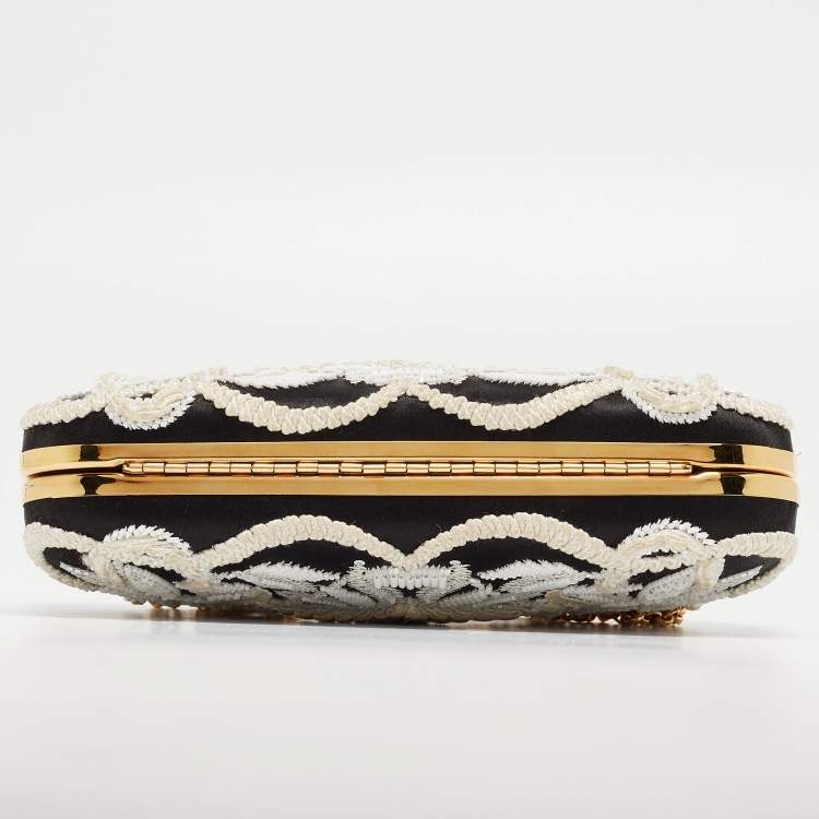 Pre Owned Oscar de la Renta Black/White Satin Crown Embellished Chain Clutch