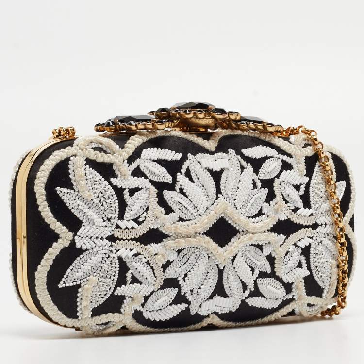 Pre Owned Oscar de la Renta Black/White Satin Crown Embellished Chain Clutch