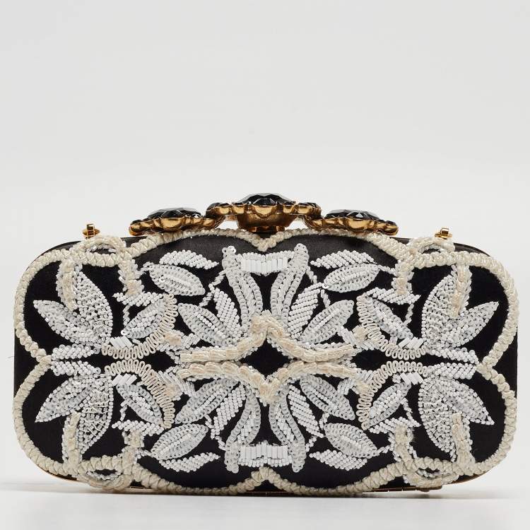 Pre Owned Oscar de la Renta Black/White Satin Crown Embellished Chain Clutch