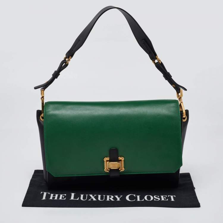مملوكة مسبقًا Oscar de la Renta Green/Black Leather Flap Shoulder Bag