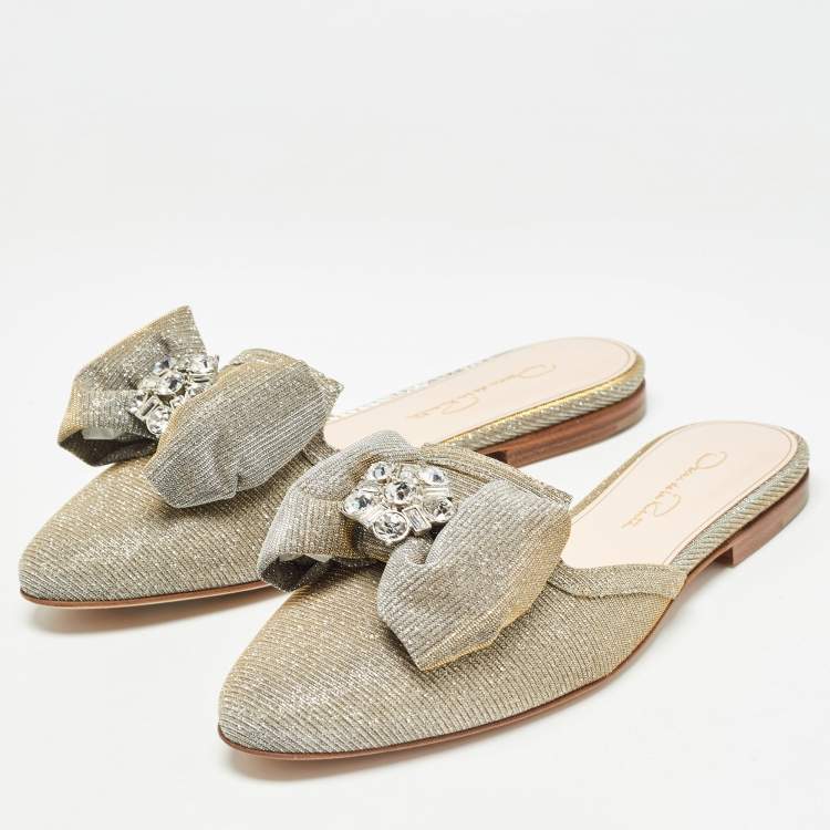 Pre Owned Oscar de la Renta Silver Lamé Fabric Patrizia Flat Mules Size 37