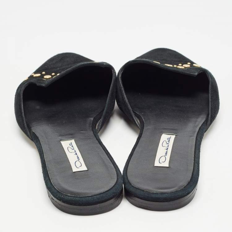 Pre Owned Oscar de la Renta Black Suede Studded Flat Mules Size 41