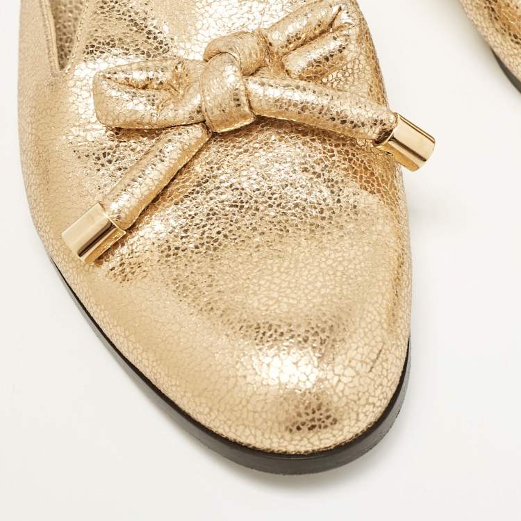 Pre Owned Oscar de la Renta Gold Crinkled Leather Bow Flat Mules Size 38
