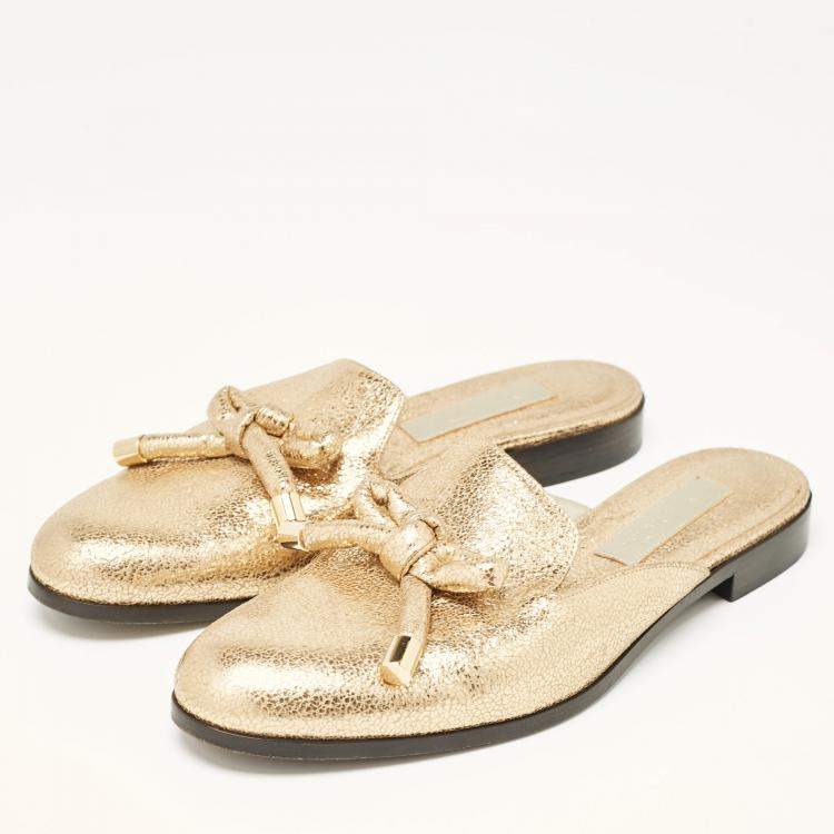 Pre Owned Oscar de la Renta Gold Crinkled Leather Bow Flat Mules Size 38