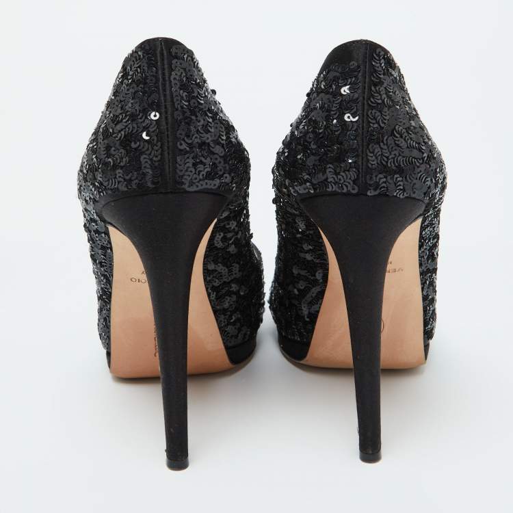 Pre Owned Oscar de la Renta Black Satin and Sequins Peep Toe Platform Pumps Size 38.5
