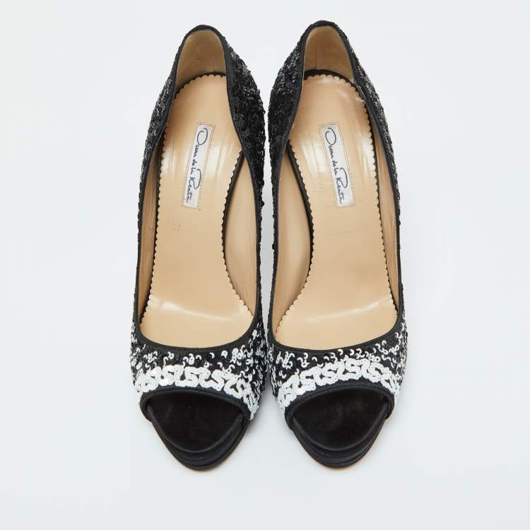 Pre Owned Oscar de la Renta Black Satin and Sequins Peep Toe Platform Pumps Size 38.5