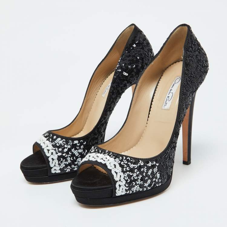 Pre Owned Oscar de la Renta Black Satin and Sequins Peep Toe Platform Pumps Size 38.5