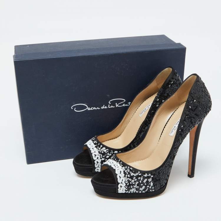 Pre Owned Oscar de la Renta Black Satin and Sequins Peep Toe Platform Pumps Size 38.5