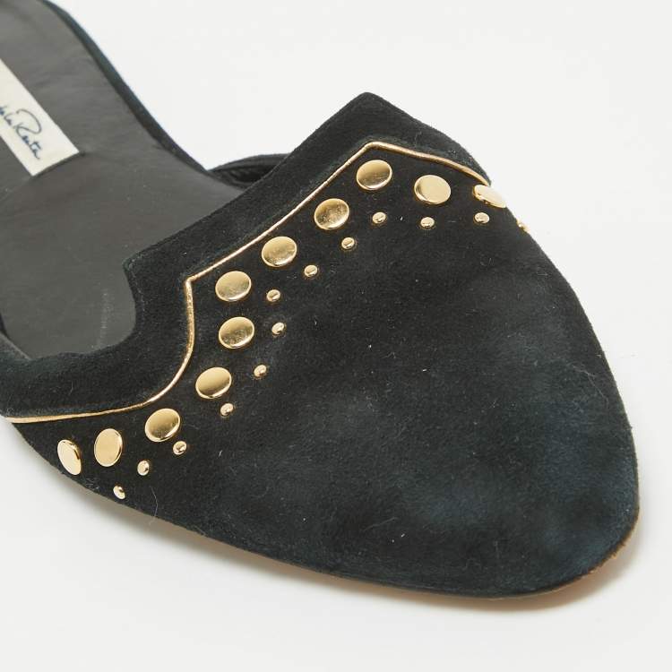Pre Owned Oscar de la Renta Black Suede Studded Flat Mules Size 38